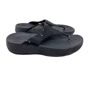 FitFlop Womens 8 Black Lulu Glitzy Wedge Sandals Sparkle Sequin Comfort Slip On